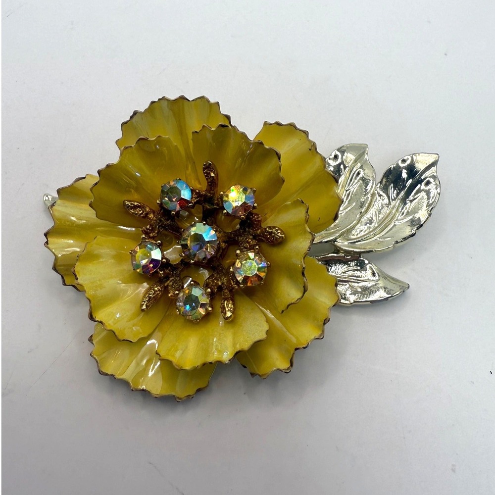 Coro Yellow Enamel Flower Brooch AB Rhinestone Gold Tone Vintage Pin